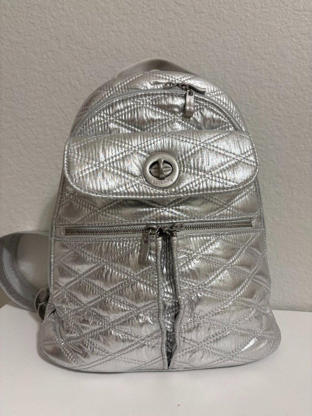 Baggallini Naples Convertible Backpack Sling Metallic Silver Quilted RFID